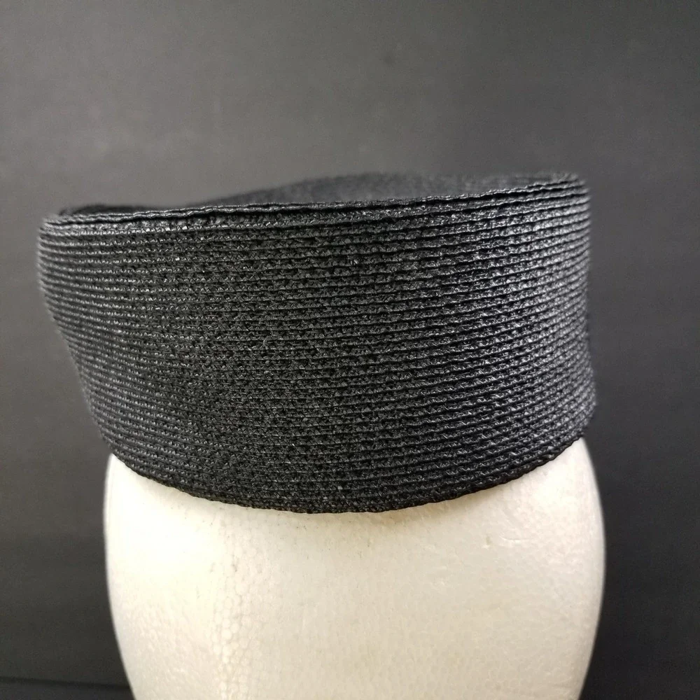 Vintage Black Woven Straw Pillbox Hat with‎ Interior Hair Combs Retro Formal